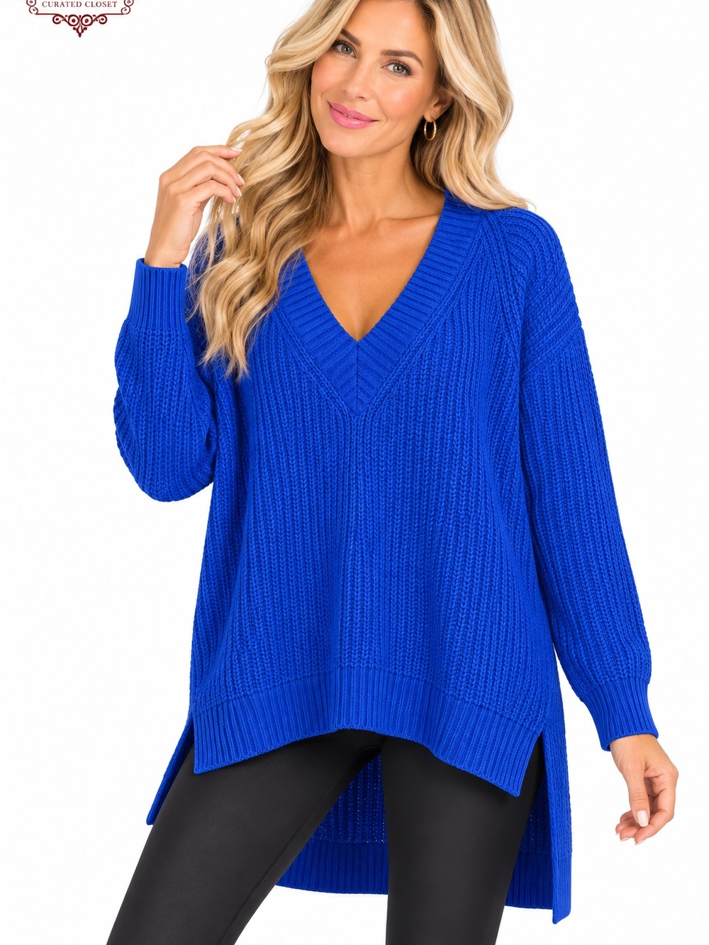 H55 A.N.A Royal Blue Cotton Blend High Low V-Neck Oversized Knit Sweater